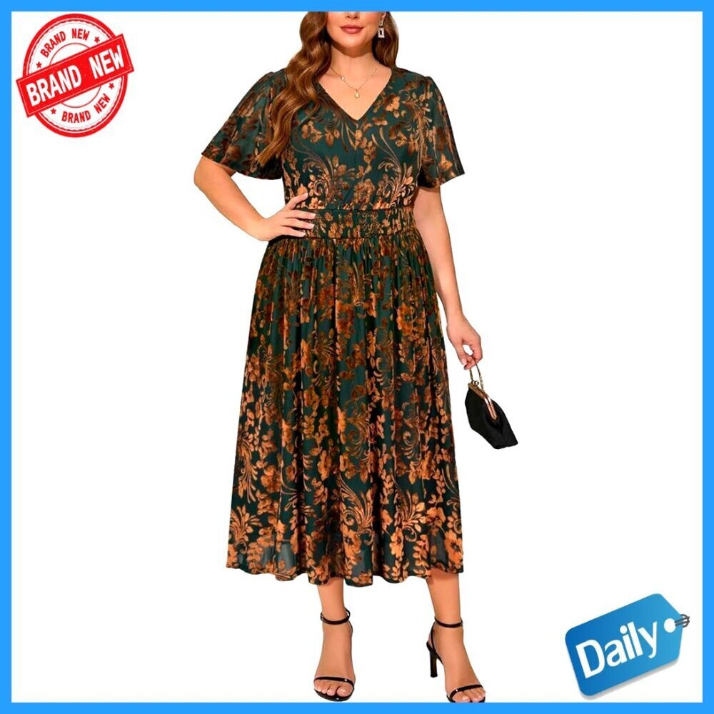 Velvet Maxi Dress Formal Cocktail Elegant Plus Size Floral Burnout Sleeves